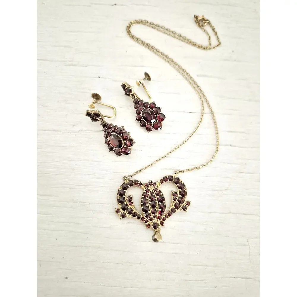 Vintage 900 Sterling Silver Bohemian Garnet Necklace and Earring Lot
